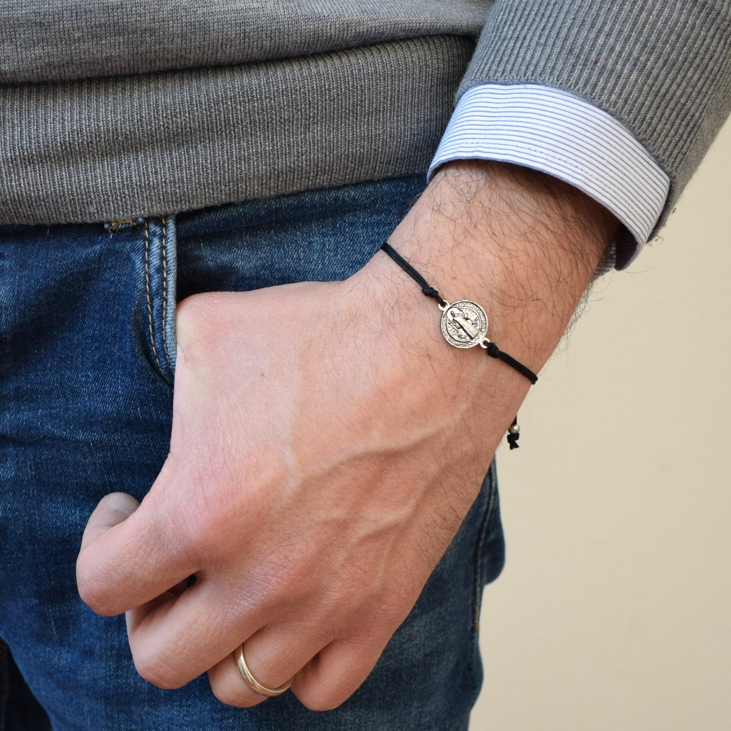 Rhodium Plated Sterling Silver Saint Benedict Bracelet | 925 Silver Adjustable Unisex Bracelet | Handmade Italian Christian Jewelry