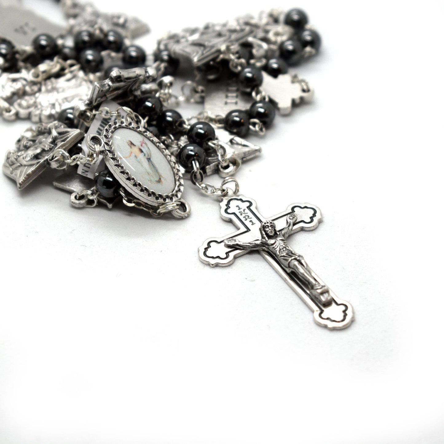 Stations of the Cross Rosary – Hematite Beads, Handmade Italian Via Crucis Chaplet