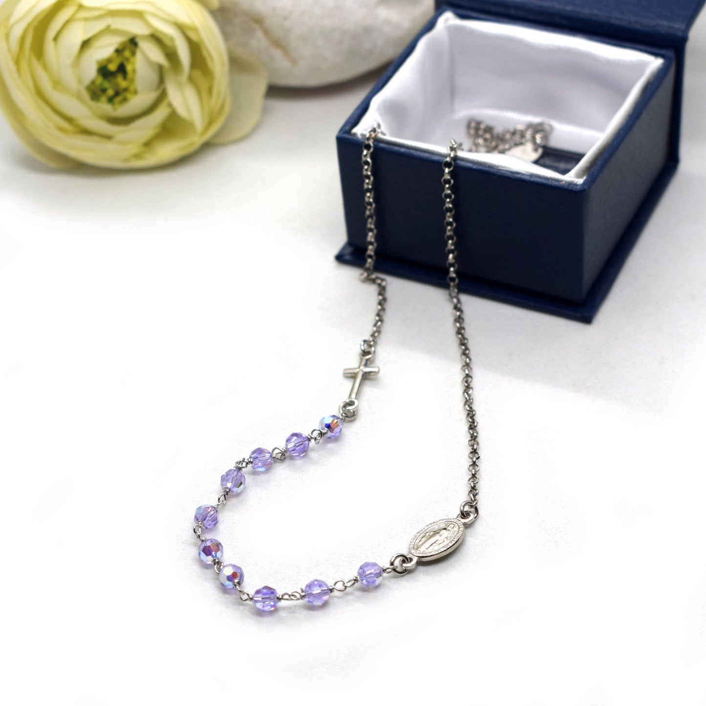 Handmade Sterling Silver Rosary Necklace – Aurora Borealis Swarovski Crystals & Miraculous Medal | Italian Catholic Jewelry