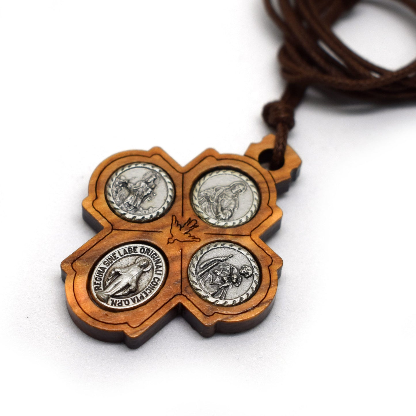 Olive Wood Four Way Cross Pendant – Christian Necklace, Sacred Heart & Saint Medals