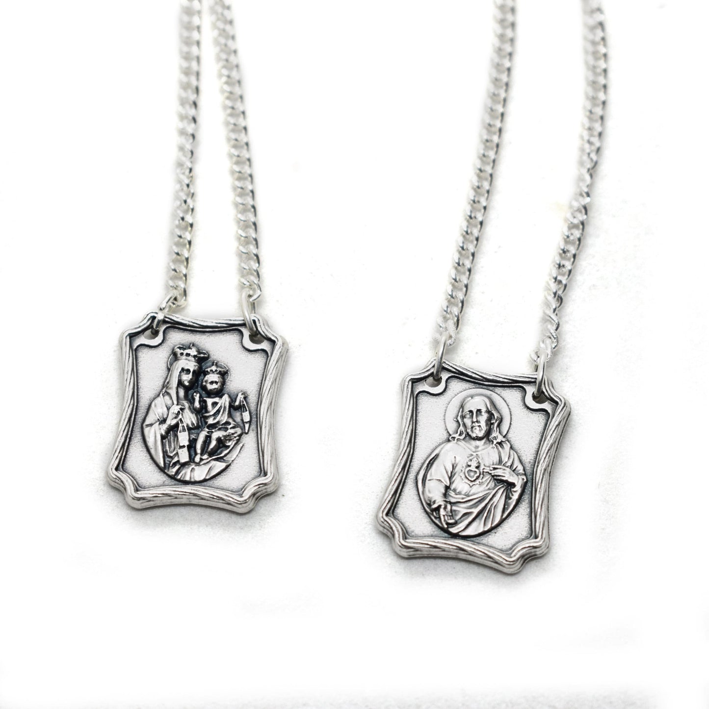 Scapular Chain Necklace – Virgin of Carmel & Sacred Heart of Jesus Medals, Handmade Catholic Necklace