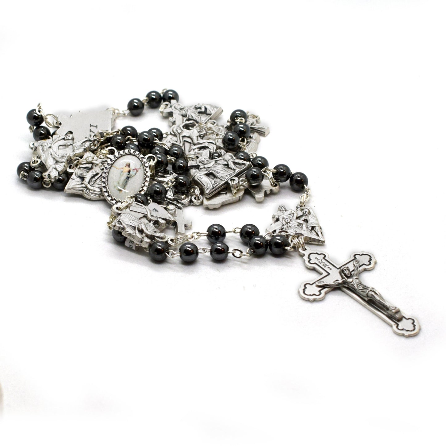 Stations of the Cross Rosary – Hematite Beads, Handmade Italian Via Crucis Chaplet