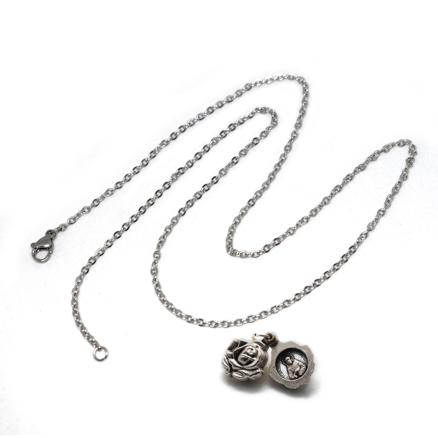 St. Francis of Assisi & St. Clare Double-Sided Rosebud Locket | Antique Silver Franciscan Necklace | Handmade in Italy