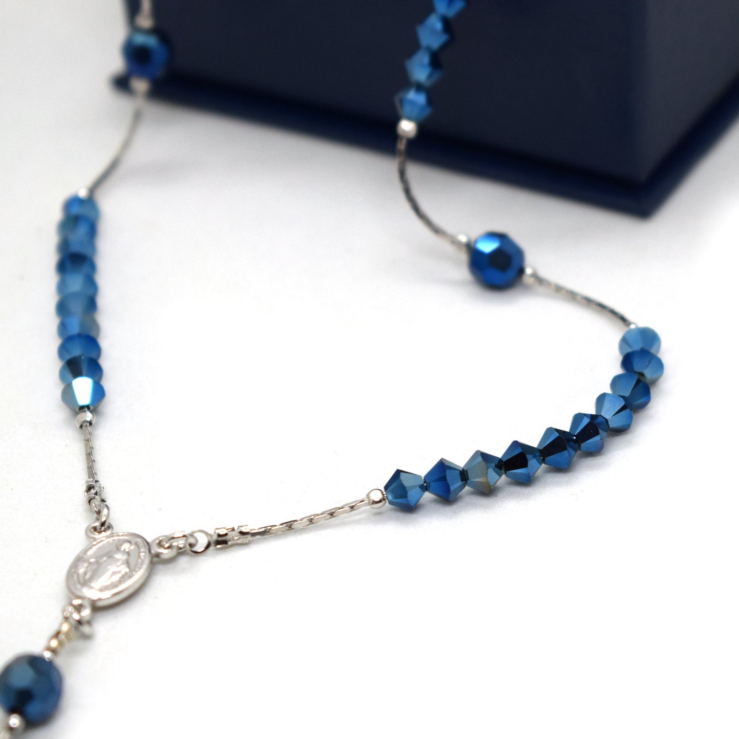 Italian Handmade Sterling Silver Rosary Necklace with Swarovski Crystals – Rhodium Plated Christian Jewelry