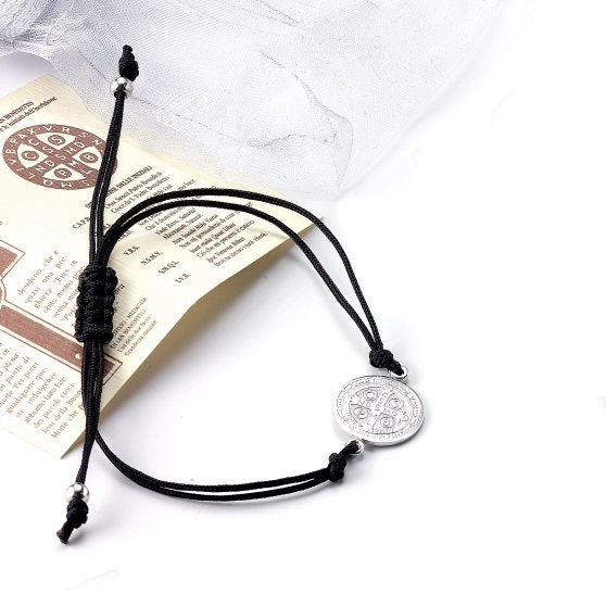 Rhodium Plated Sterling Silver Saint Benedict Bracelet | 925 Silver Adjustable Unisex Bracelet | Handmade Italian Christian Jewelry