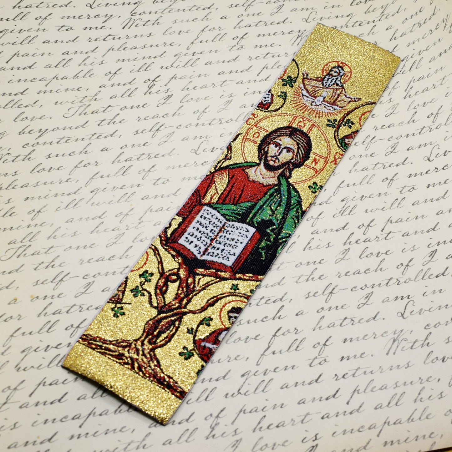 Tree of Life Fabric Bookmark – Byzantine Icon of Jesus and Apostles, Christian Art Gift, Handmade in Italy