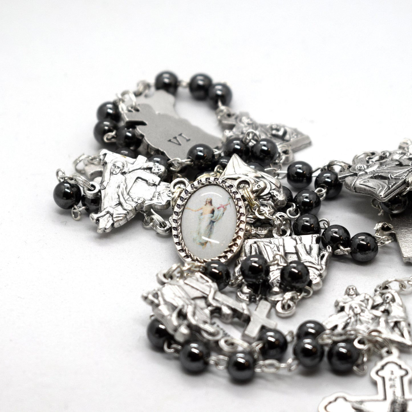 Stations of the Cross Rosary – Hematite Beads, Handmade Italian Via Crucis Chaplet