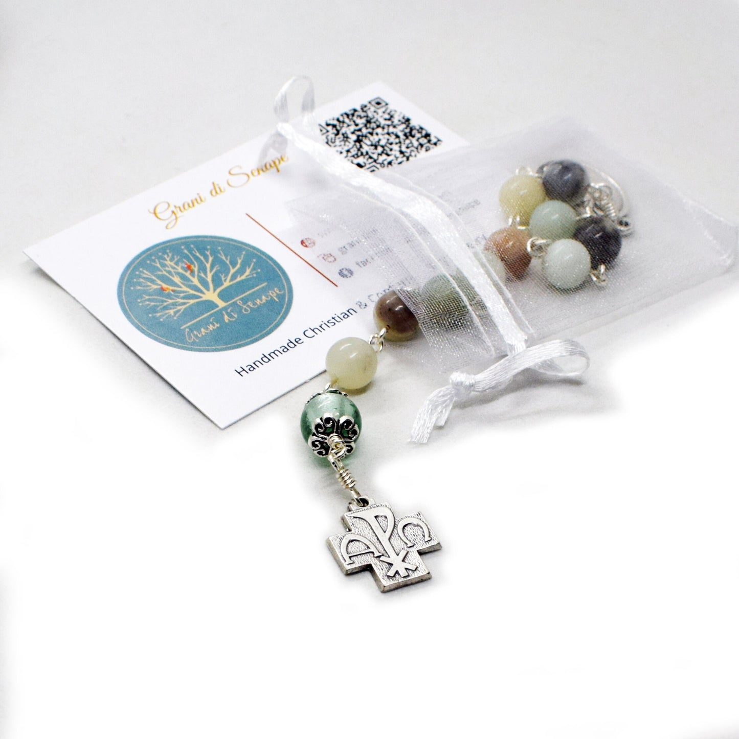 Divine Mercy Rosary Tenner | Pocket Rosary | Amazonite & Murano Glass Chaplet | Catholic Prayer Beads Handmade in Italy ♥