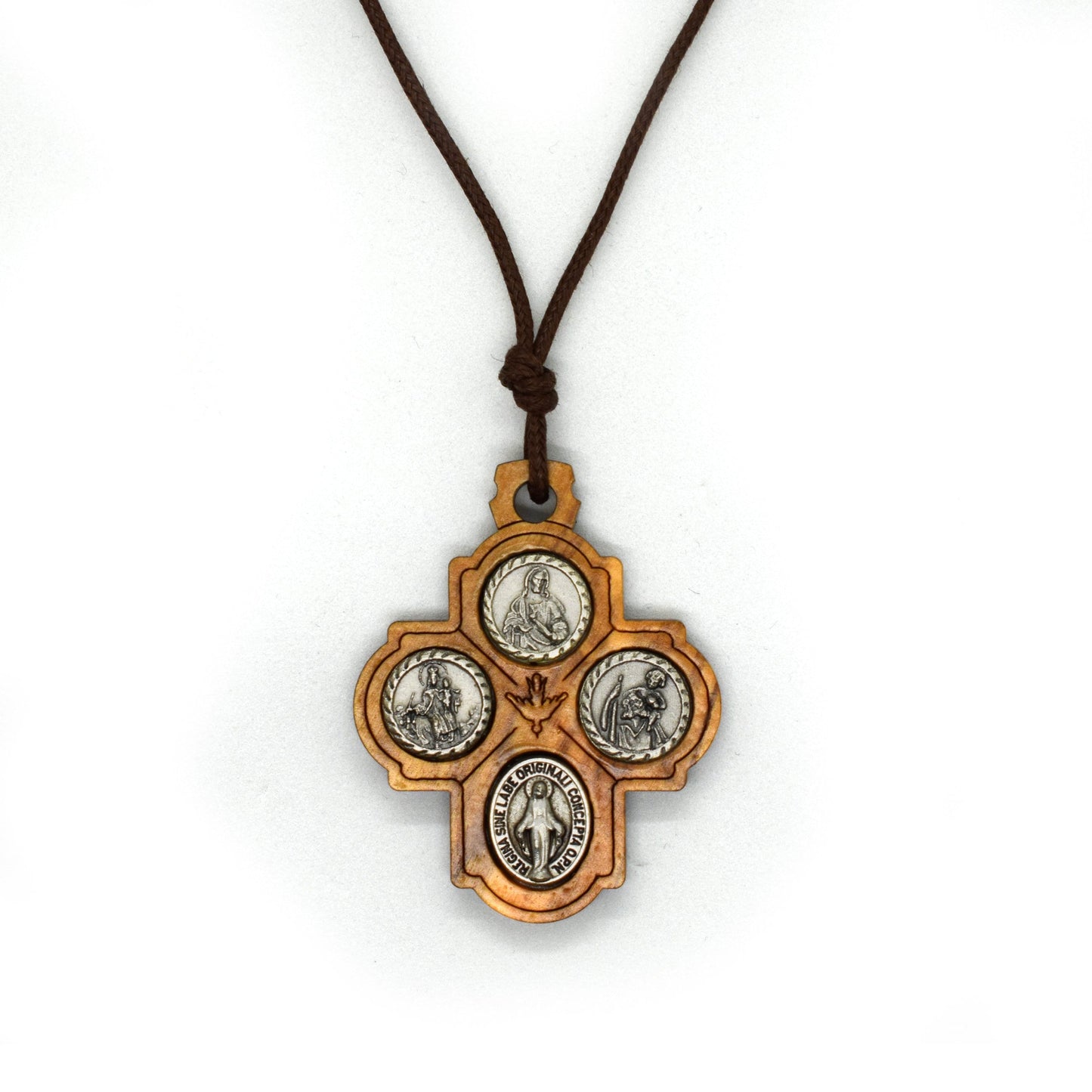 Olive Wood Four Way Cross Pendant – Christian Necklace, Sacred Heart & Saint Medals