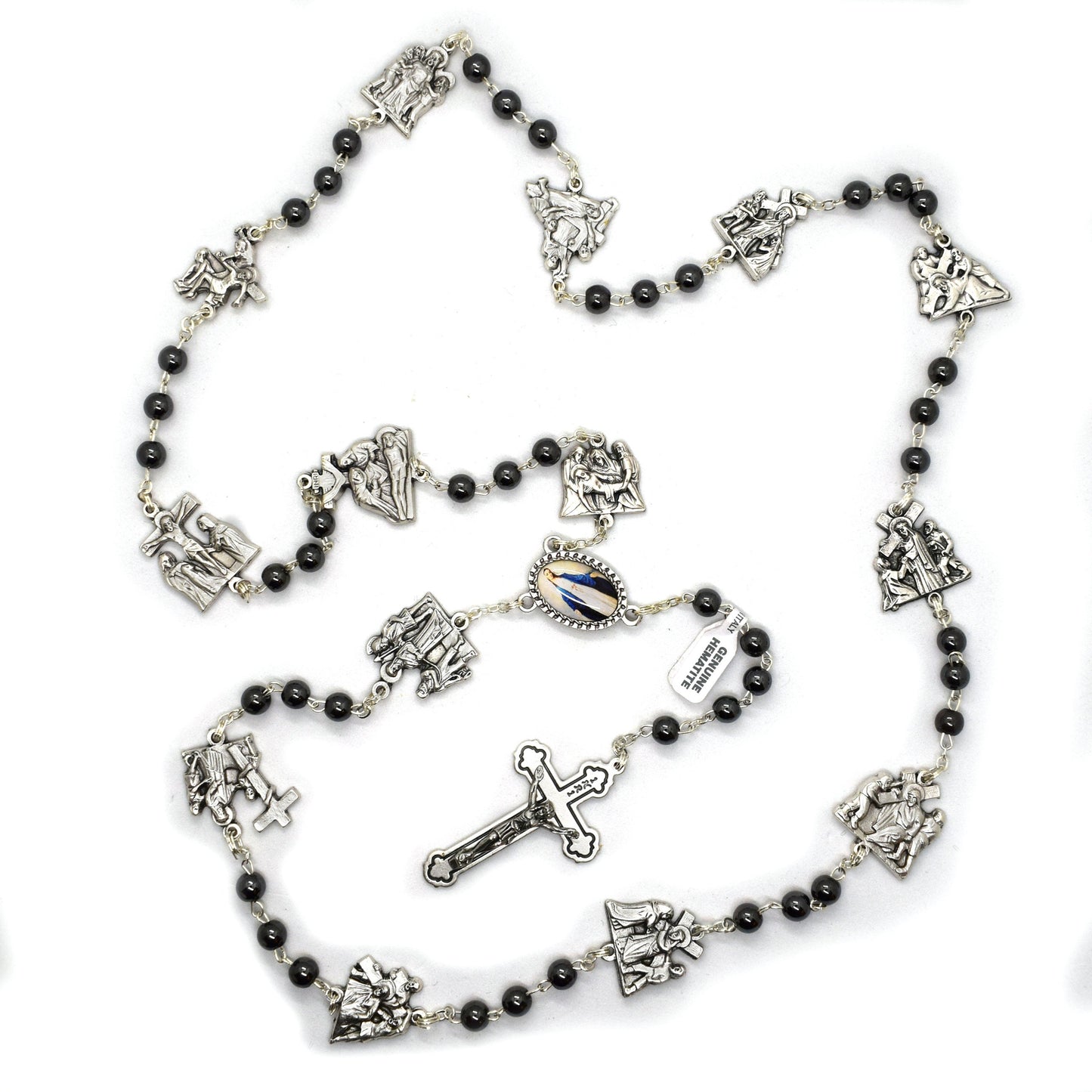 Stations of the Cross Rosary – Hematite Beads, Handmade Italian Via Crucis Chaplet