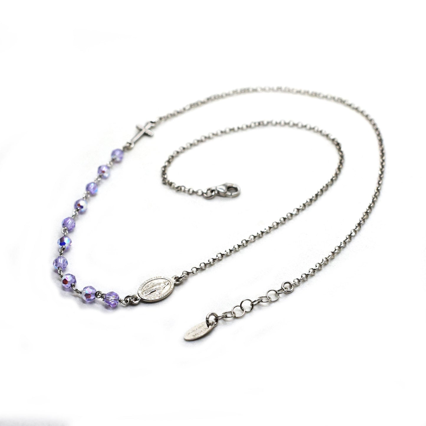 Handmade Sterling Silver Rosary Necklace – Aurora Borealis Swarovski Crystals & Miraculous Medal | Italian Catholic Jewelry