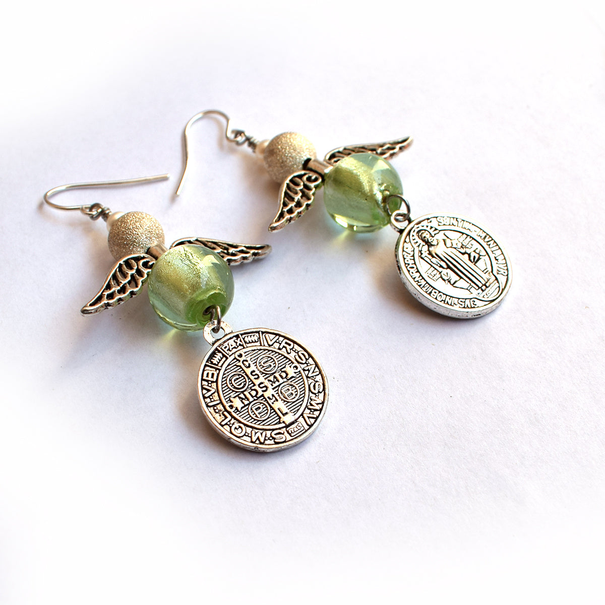 Angelic Handmade Earrings – Murano Glass Beads & St. Benedict Medal, Italian Religious Jewelry
