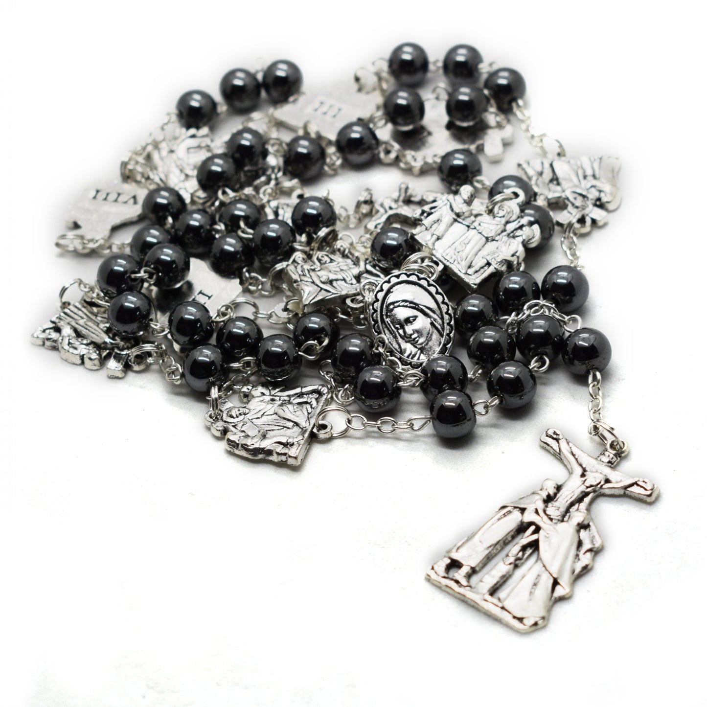 Stations of the Cross Rosary – Hematite Beads, Handmade Italian Via Crucis Chaplet - Grani di Senape Studio