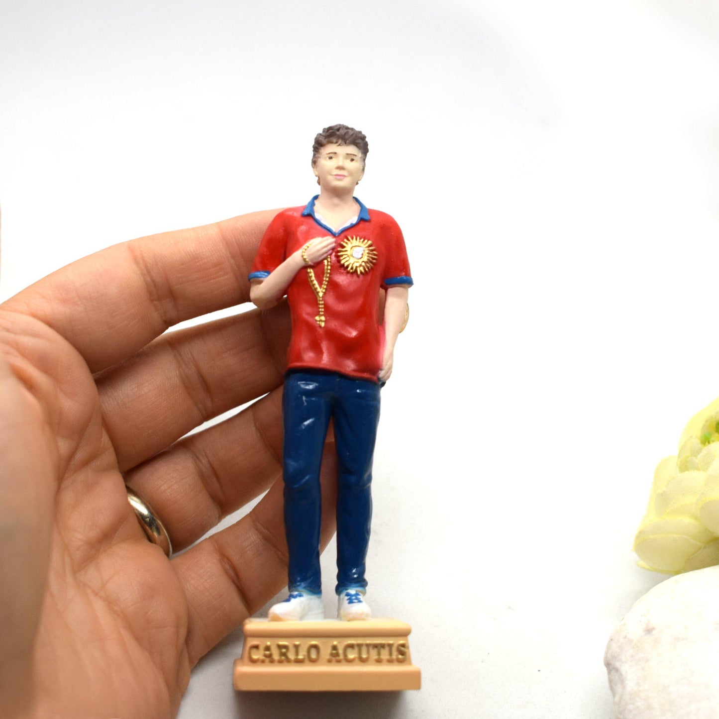 Saint Carlo Acutis Resin Statue | Hand-Painted Italian Christian Pocket Statue | Faith Gift