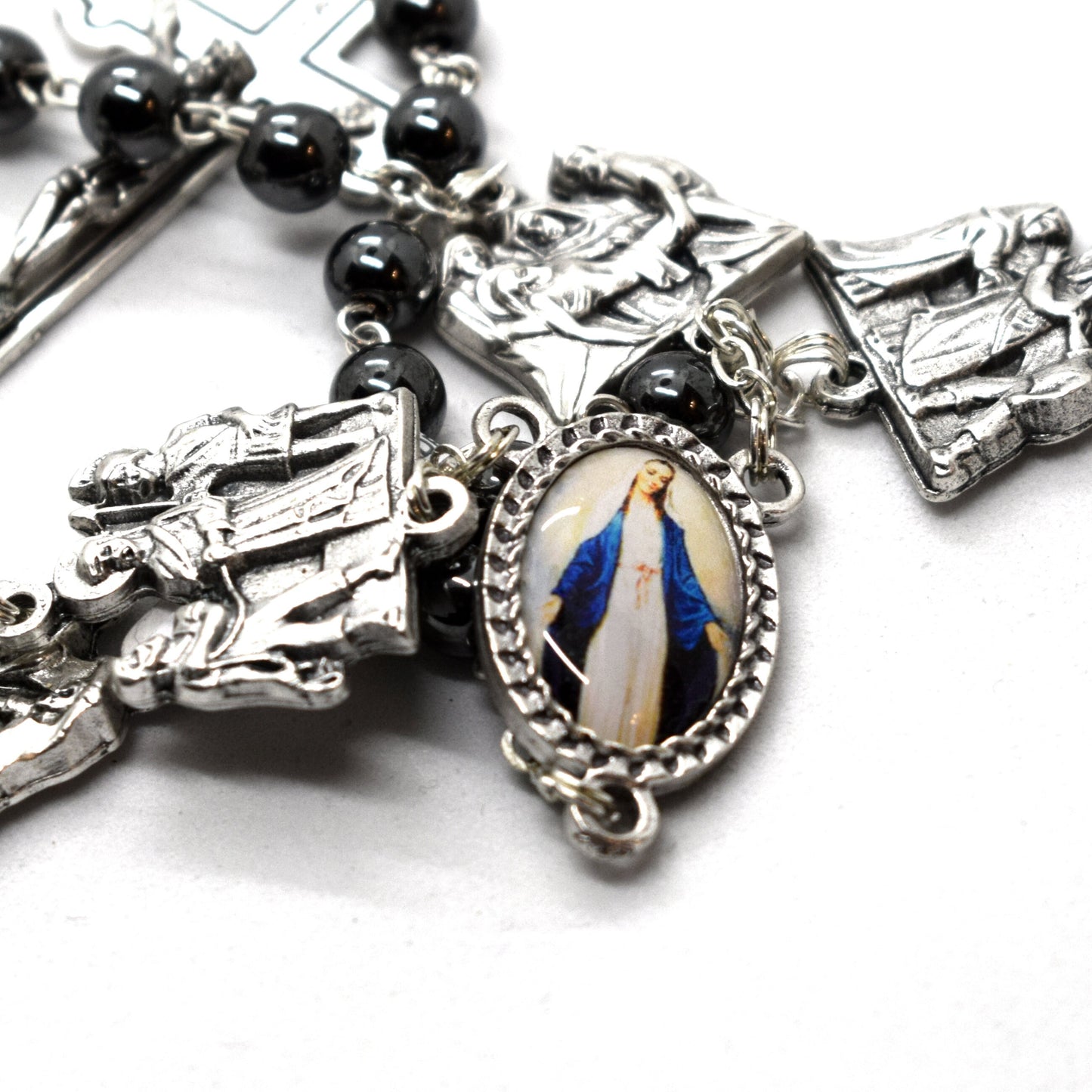 Stations of the Cross Rosary – Hematite Beads, Handmade Italian Via Crucis Chaplet