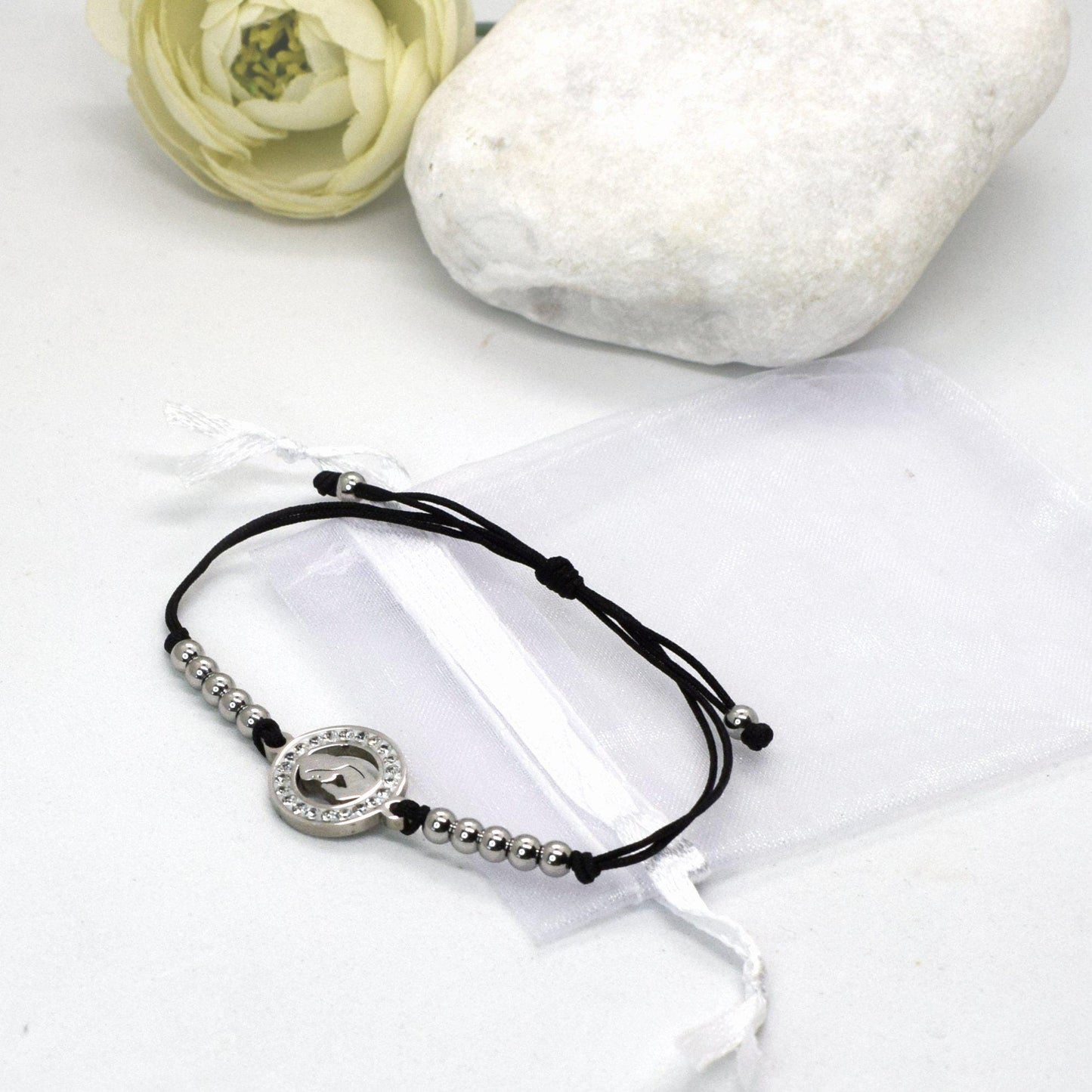 Adjustable Stainless Steel Rosary Bracelet with Virgin Mary Crystal Medal | Handmade Religious Jewelry Gift for Women