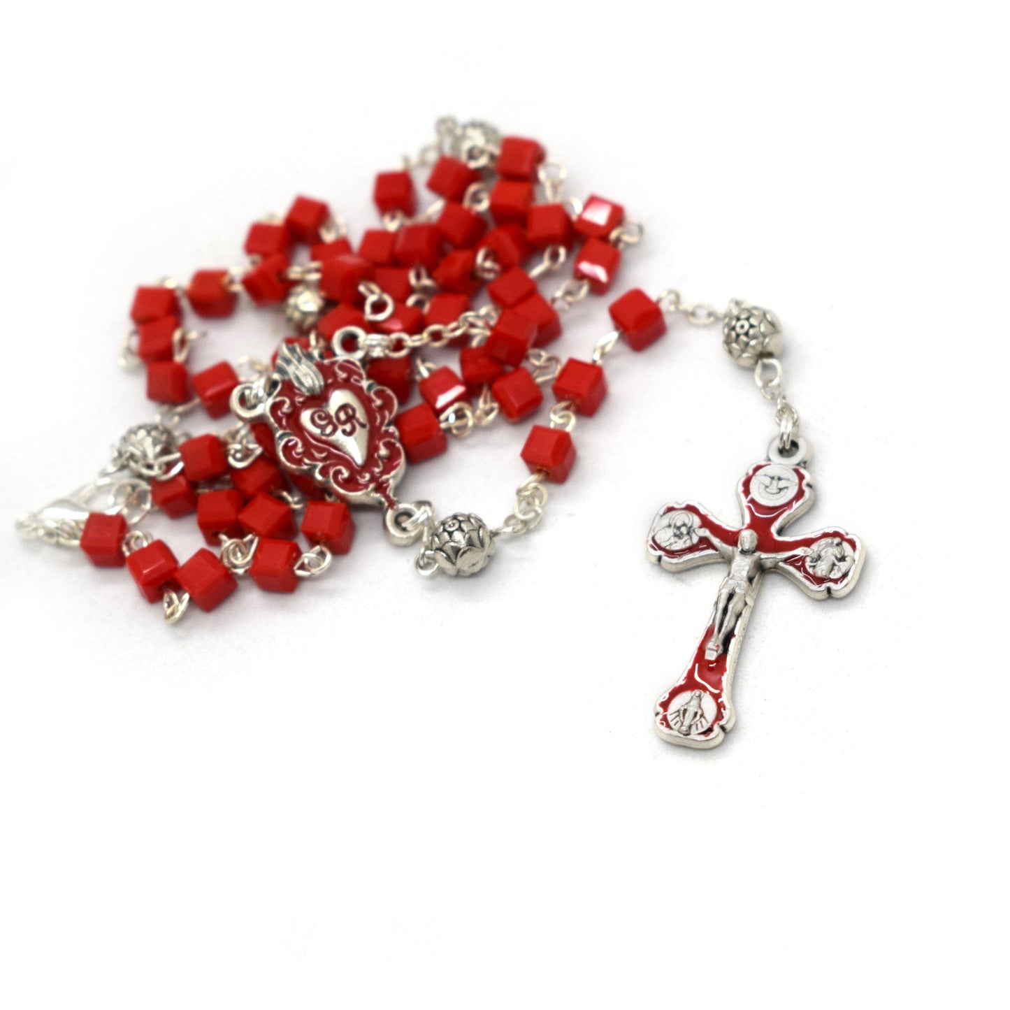 Red Glass Cube Rosary – Ex Voto Heart Centerpiece – Wearable Catholic Necklace – Handmade Devotional Jewelry