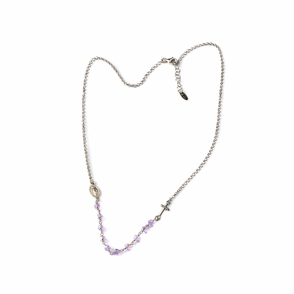 Handmade Sterling Silver Rosary Necklace – Aurora Borealis Swarovski Crystals & Miraculous Medal | Italian Catholic Jewelry
