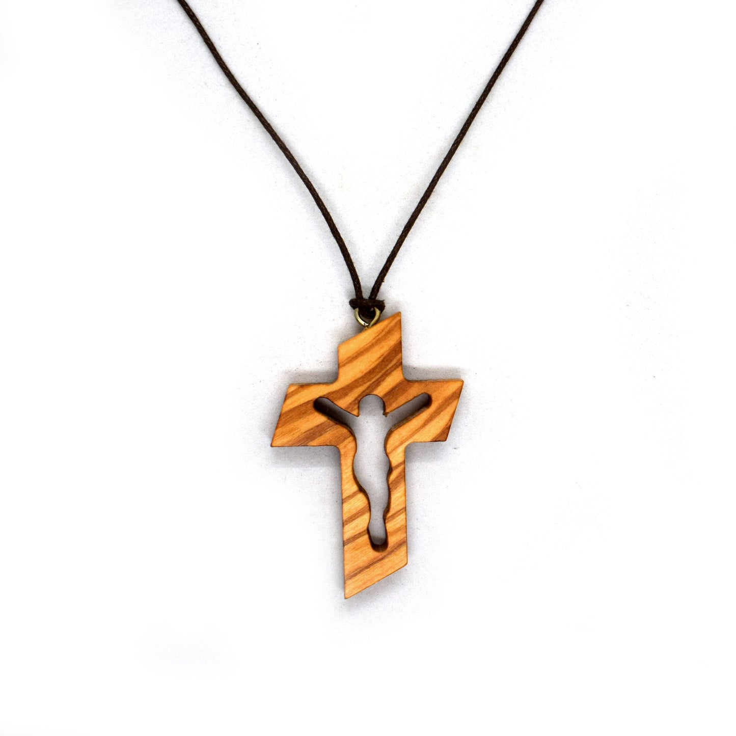 Carved Olive Wood Crucifix Necklace – Handmade Italian Wooden Cross Pendant