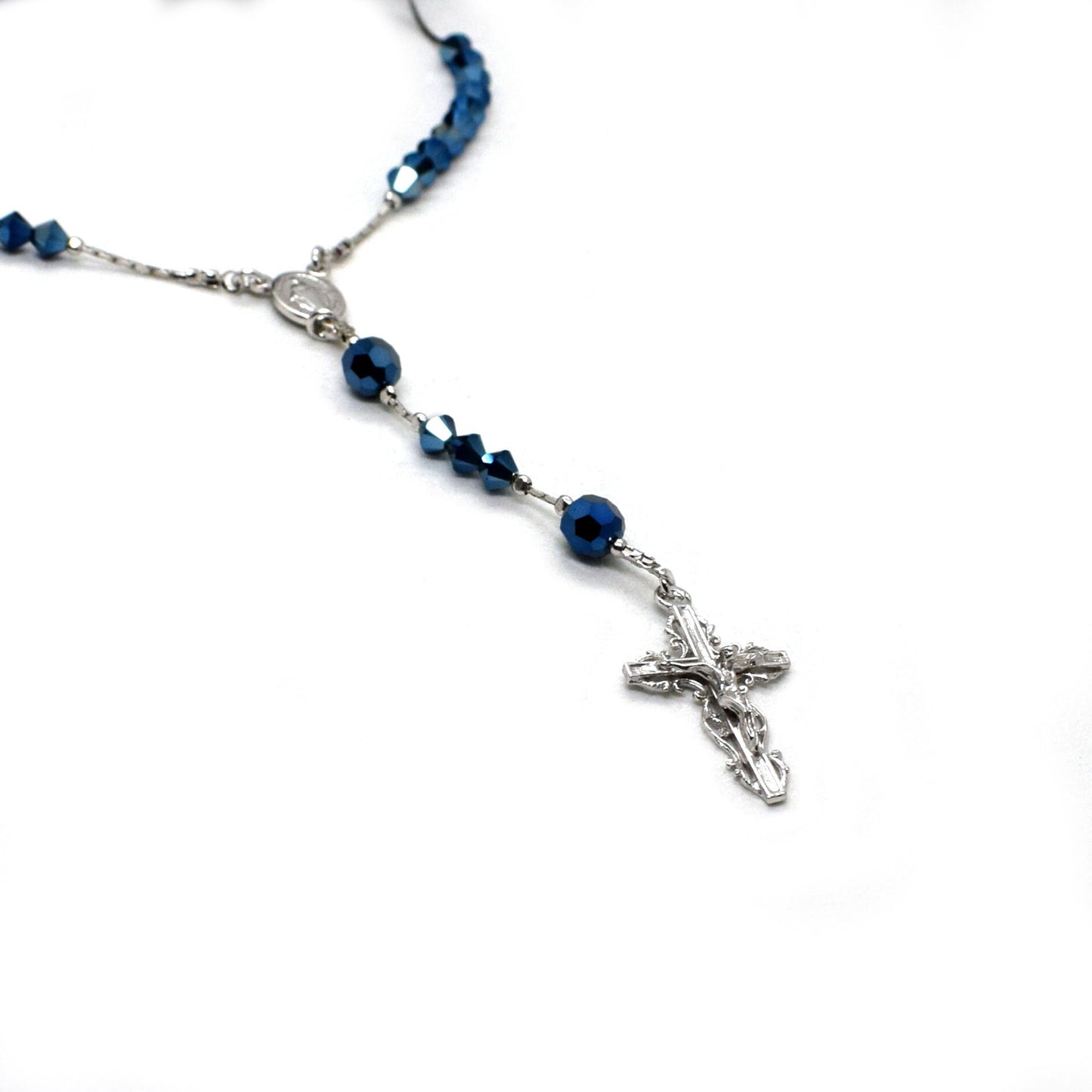 Italian Handmade Sterling Silver Rosary Necklace with Swarovski Crystals – Rhodium Plated Christian Jewelry