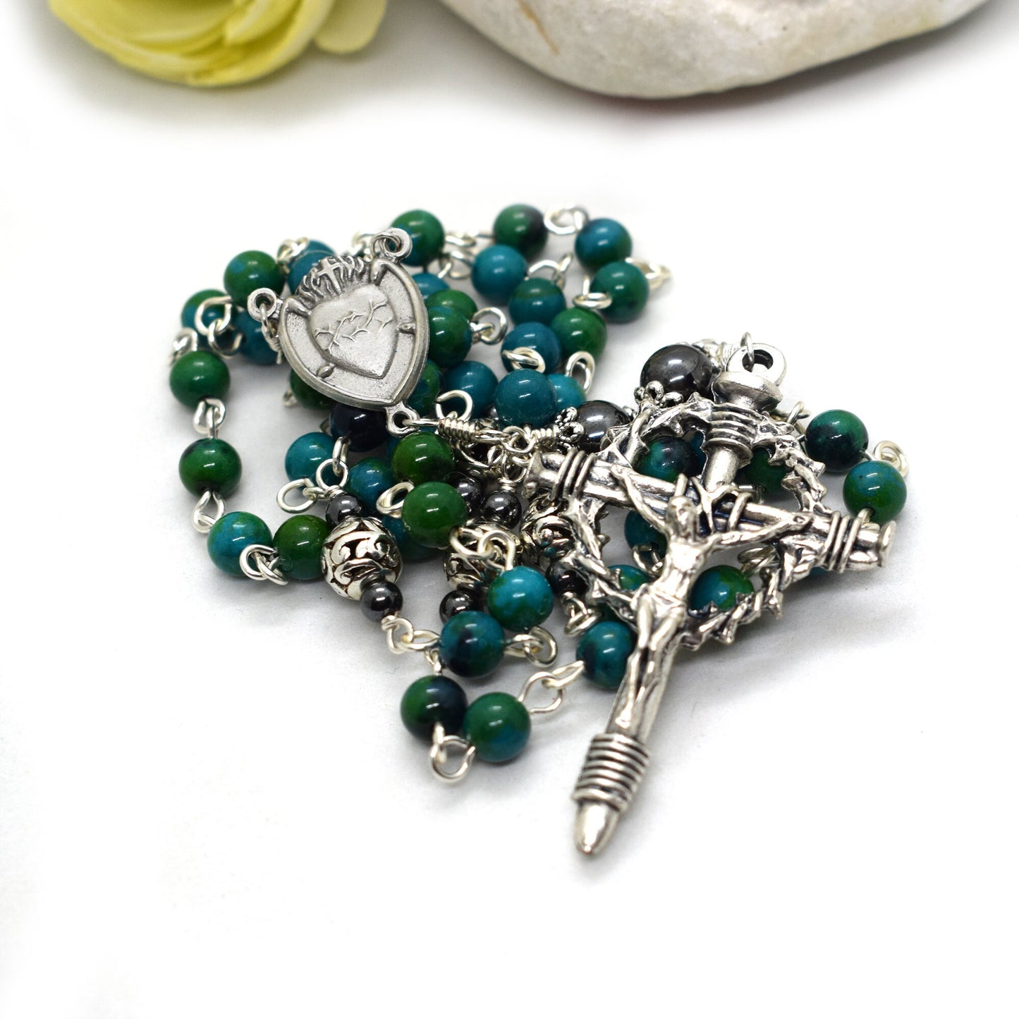 Crown of Thorns Gemstone Rosary | Blue Chrysocolla Catholic Rosary Handmade in Italy