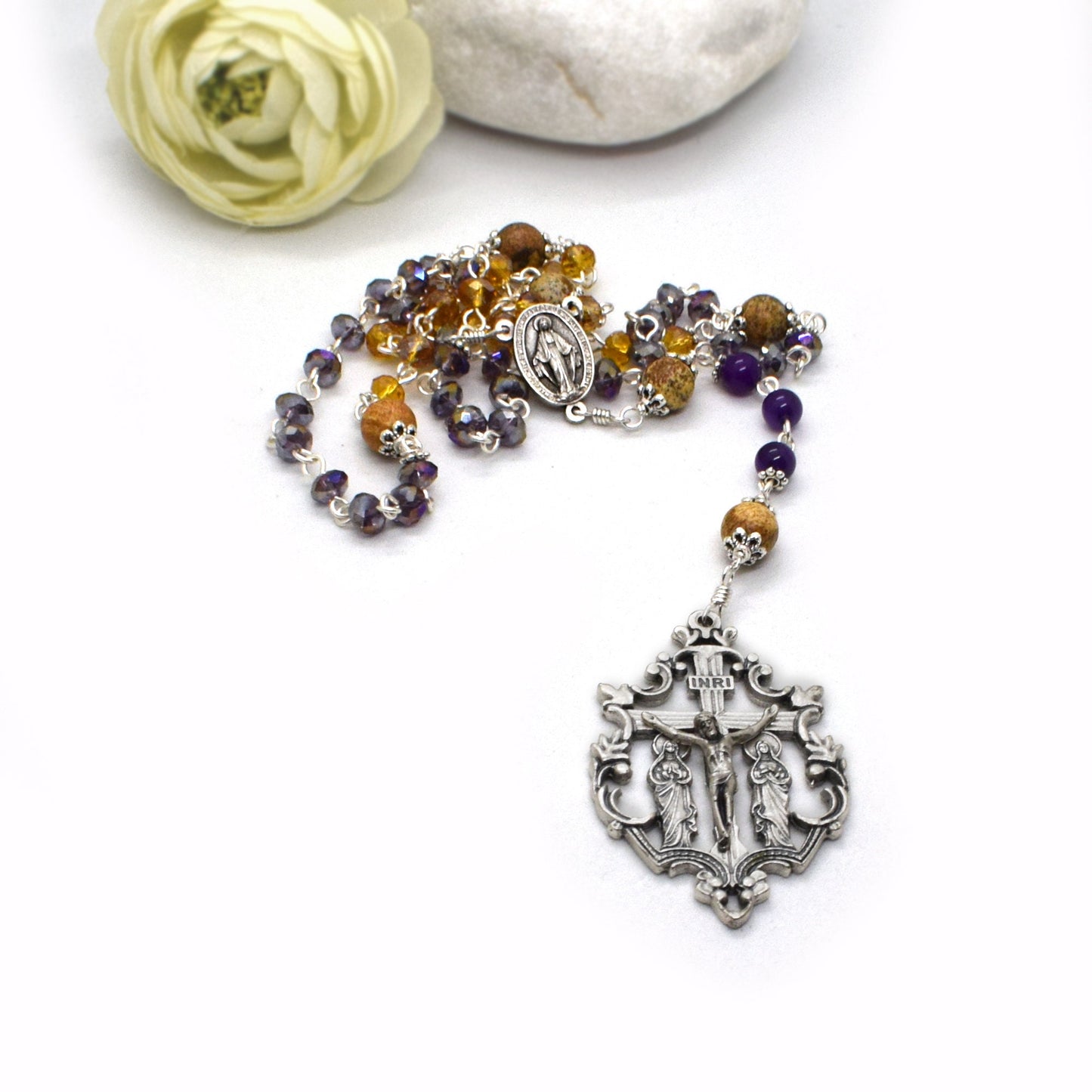 Miraculous Medal Rosary – Handmade Italian Gemstone & Crystal Catholic Rosary | First Communion & Confirmation Gift