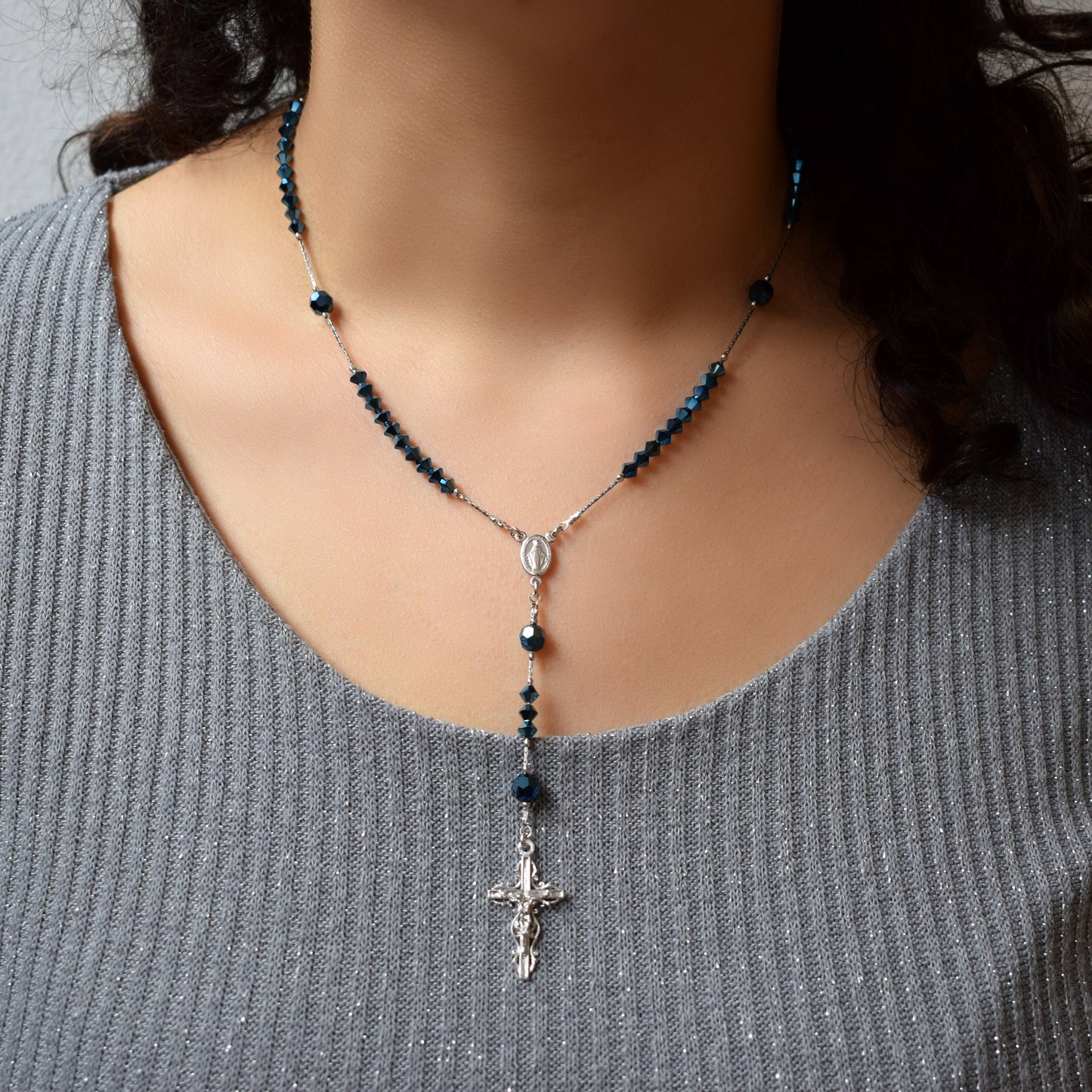 Italian Handmade Sterling Silver Rosary Necklace with Swarovski Crystals – Rhodium Plated Christian Jewelry