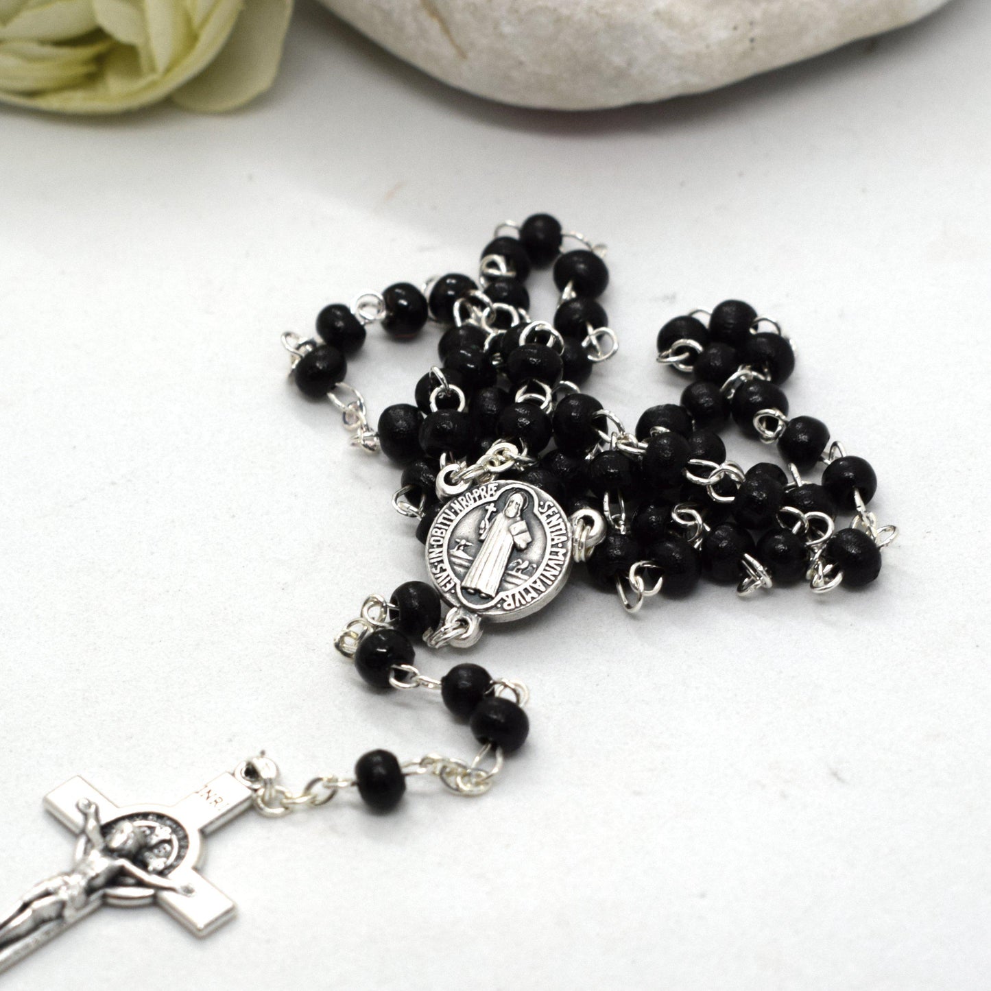 Saint Benedict Pocket Rosary – Handmade Black Wooden Beads Catholic Prayer Beads
