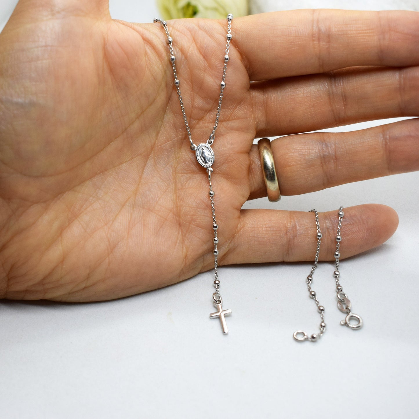 Rhodium-Plated Sterling Silver Rosary Necklace | Handmade Italian Crucifix & Miraculous Medal