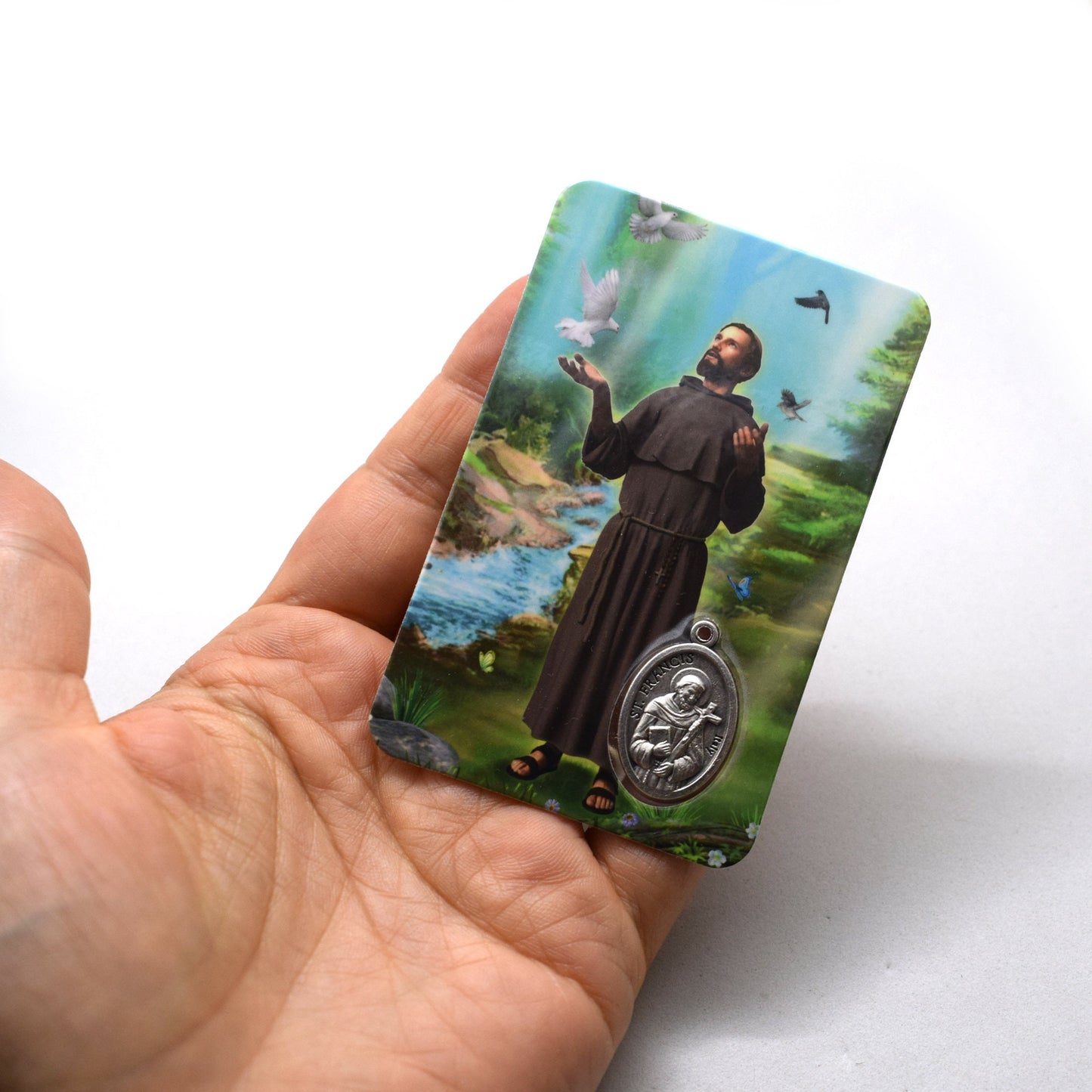 Saint Francis of Assisi Holy Card with Medal – Laminated Italian Prayer Card