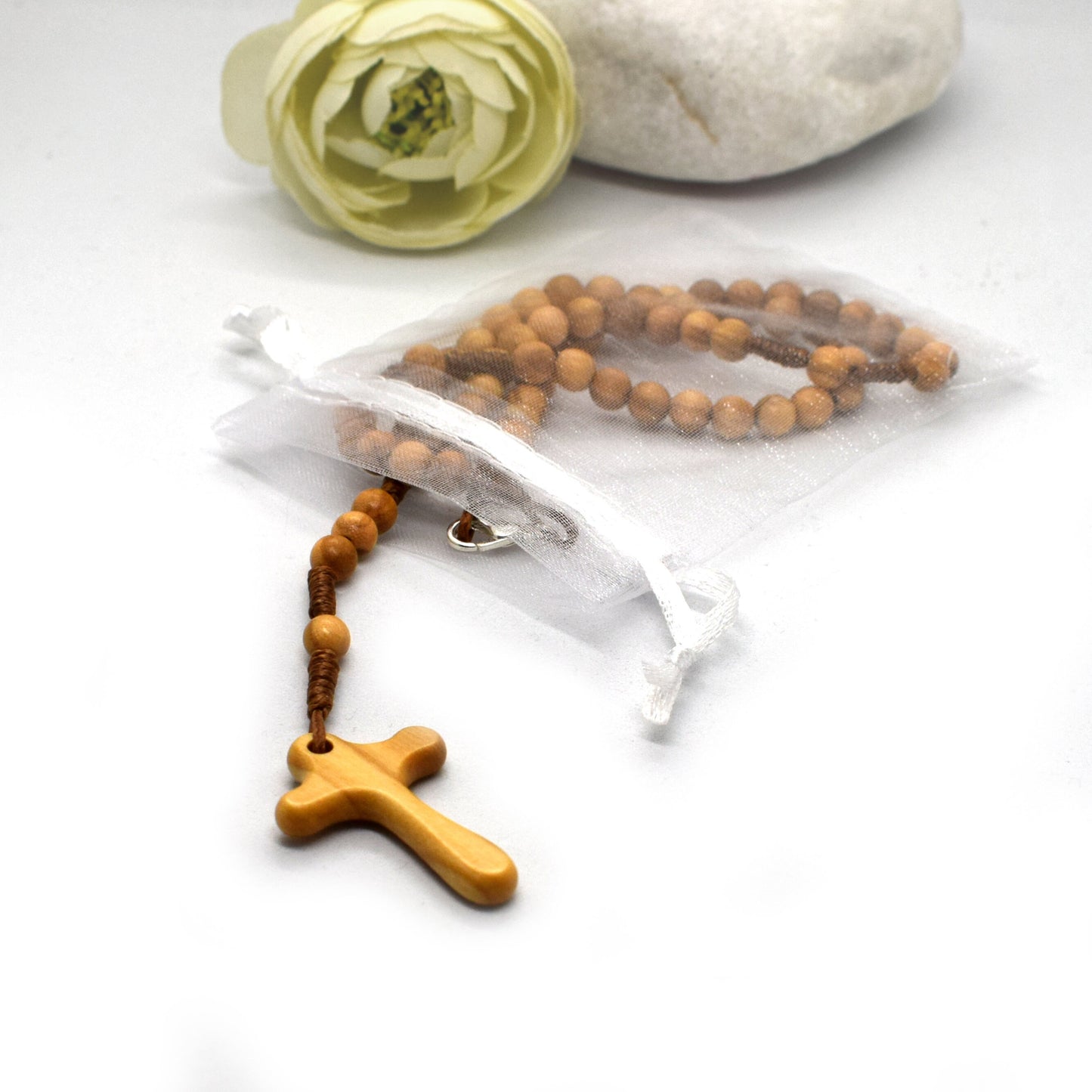 Olive Wood Rosary with Comfort Cross – Handmade Wooden Rosary Necklace, Italian Catholic Gift