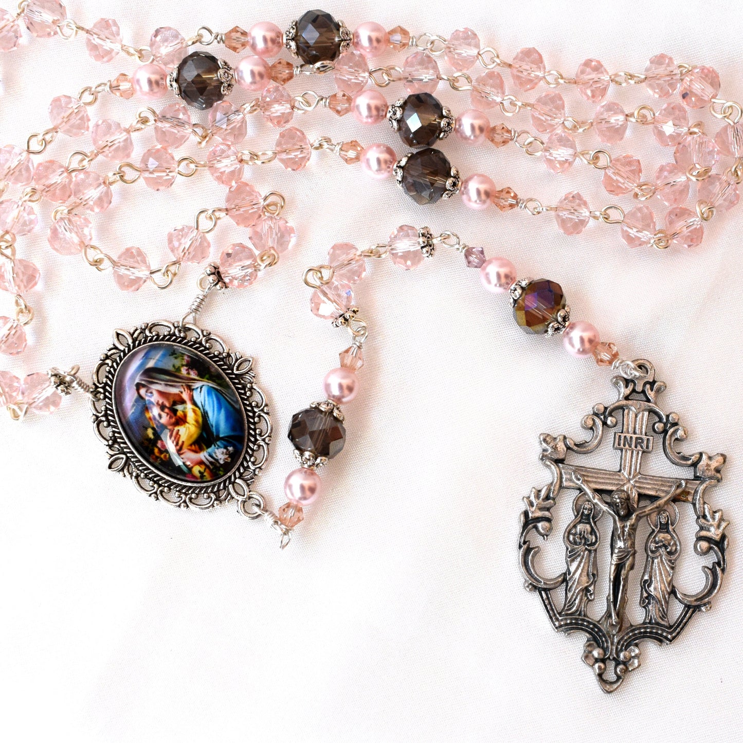 Pink Austrian Crystal Rosary – Handmade Bridal, First Communion & Catholic Wedding Gift