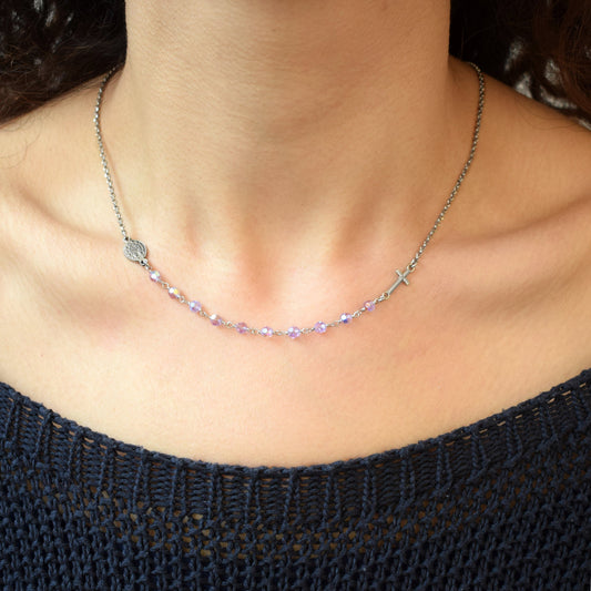 Handmade Sterling Silver Rosary Necklace – Aurora Borealis Swarovski Crystals & Miraculous Medal | Italian Catholic Jewelry