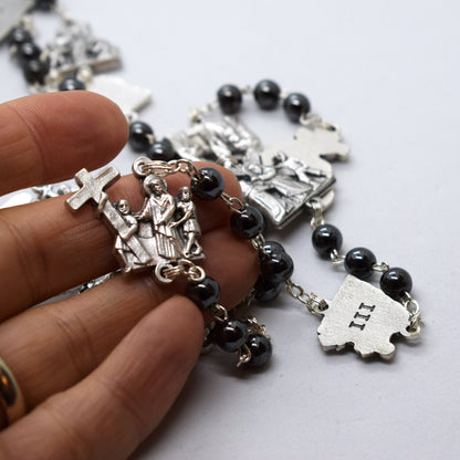 Stations of the Cross Rosary – Hematite Beads, Handmade Italian Via Crucis Chaplet