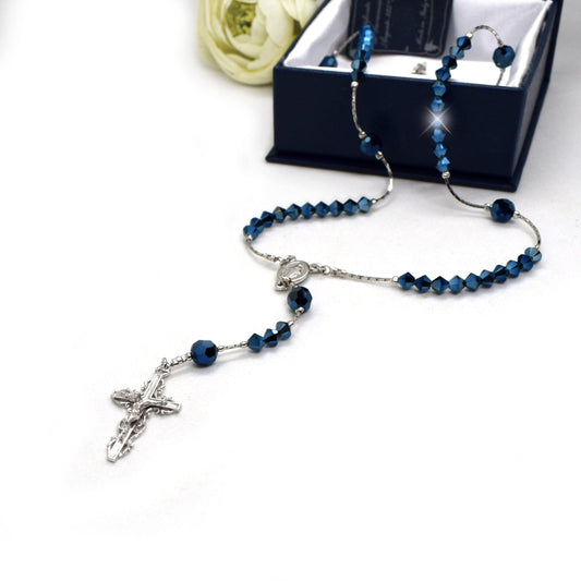 Italian Handmade Sterling Silver Rosary Necklace with Swarovski Crystals – Rhodium Plated Christian Jewelry