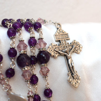 Personalized Amethyst Crystal Rosary – Swarovski Beads with Pardon Crucifix | Catholic Wedding, First Communion & Confirmation Gift