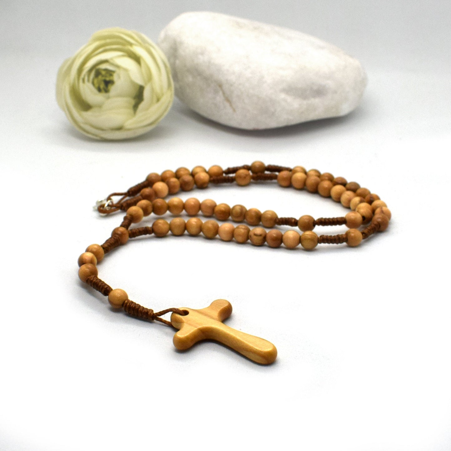 Olive Wood Rosary with Comfort Cross – Handmade Wooden Rosary Necklace, Italian Catholic Gift