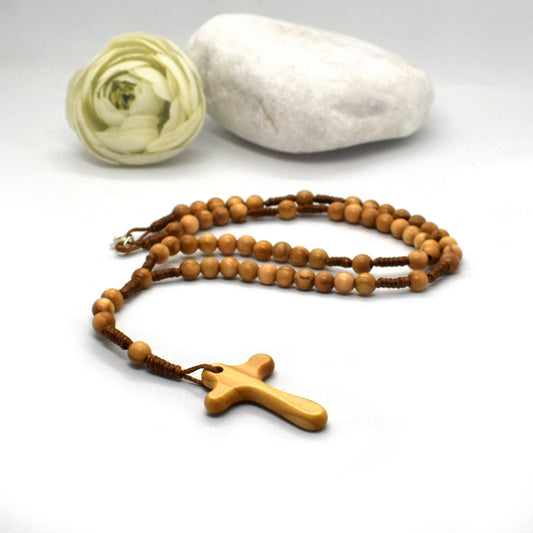 Olive Wood Rosary with Comfort Cross – Handmade Wooden Rosary Necklace, Italian Catholic Gift