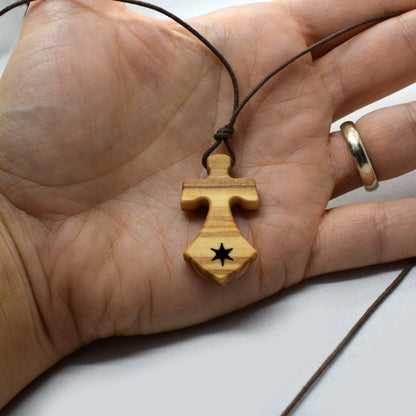 Carmelite Olive Wood Cross Necklace – Our Lady of Mount Carmel Pendant – Italian Christian Jewelry