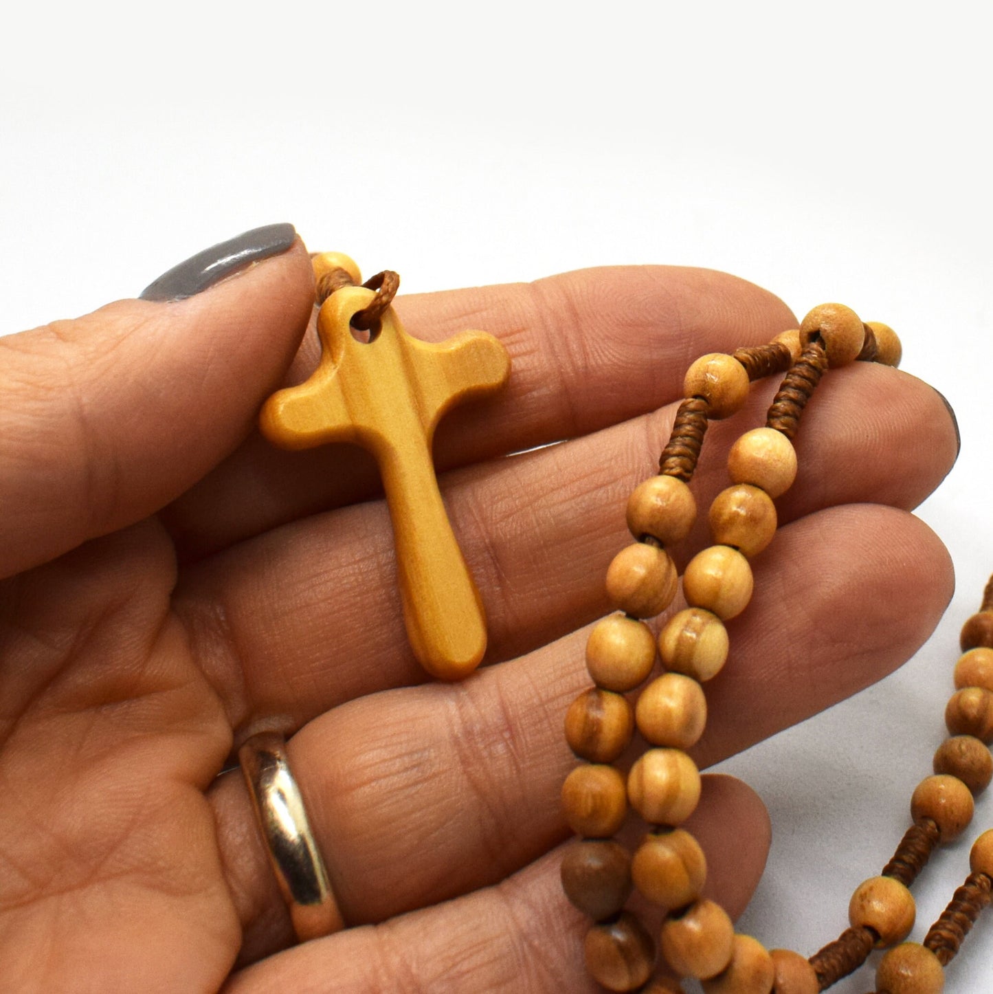 Olive Wood Rosary with Comfort Cross – Handmade Wooden Rosary Necklace, Italian Catholic Gift