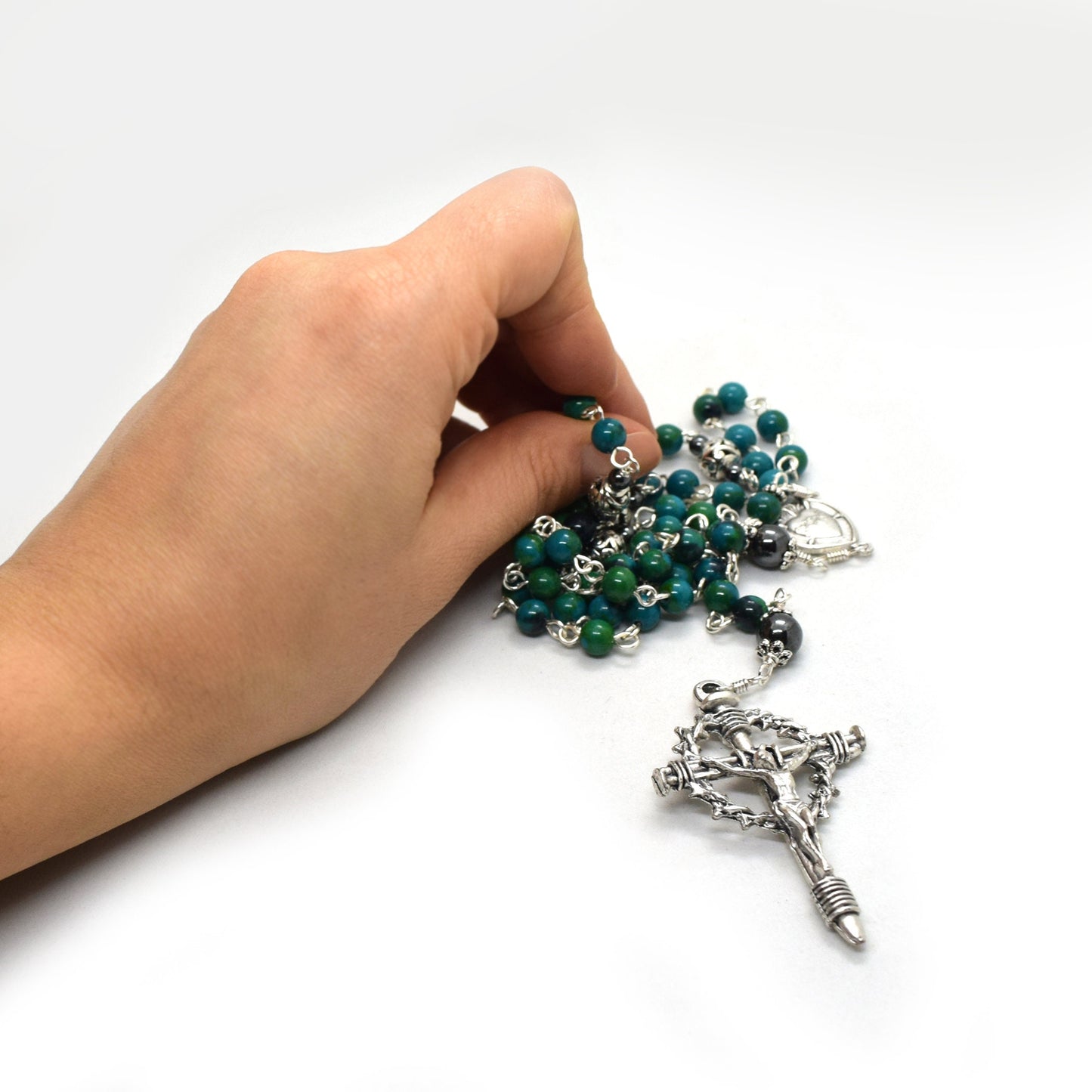 Crown of Thorns Gemstone Rosary | Blue Chrysocolla Catholic Rosary Handmade in Italy