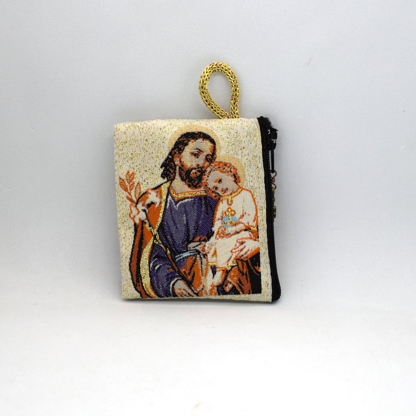 Saint Joseph and Jesus Rosary Pouch – Icon Tapestry Coin Holder, Handmade Catholic Gift