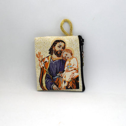 Saint Joseph and Jesus Rosary Pouch – Icon Tapestry Coin Holder, Handmade Catholic Gift
