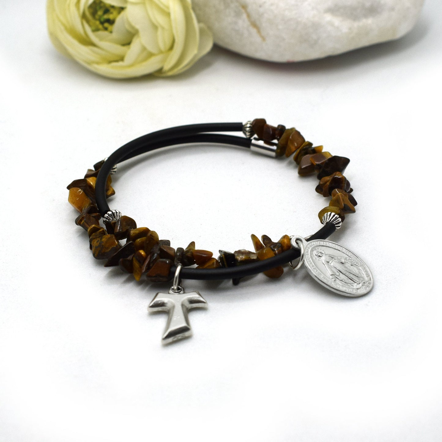 Saint Gemstone Bracelet – Tiger’s Eye, Choose Your Saint, Catholic Beaded Wrap Bracelet