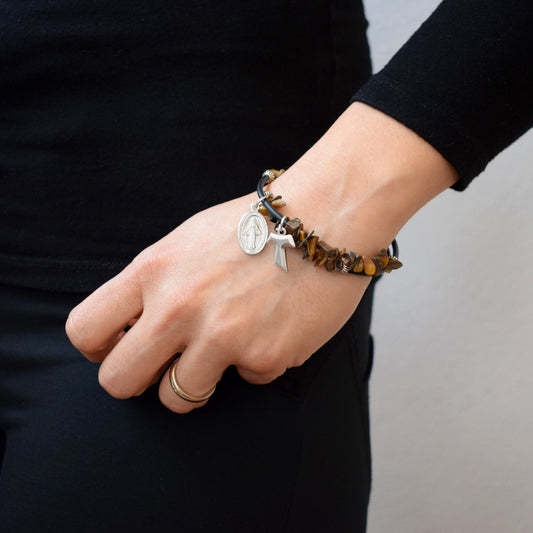 Saint Gemstone Bracelet – Tiger’s Eye, Choose Your Saint, Catholic Beaded Wrap Bracelet