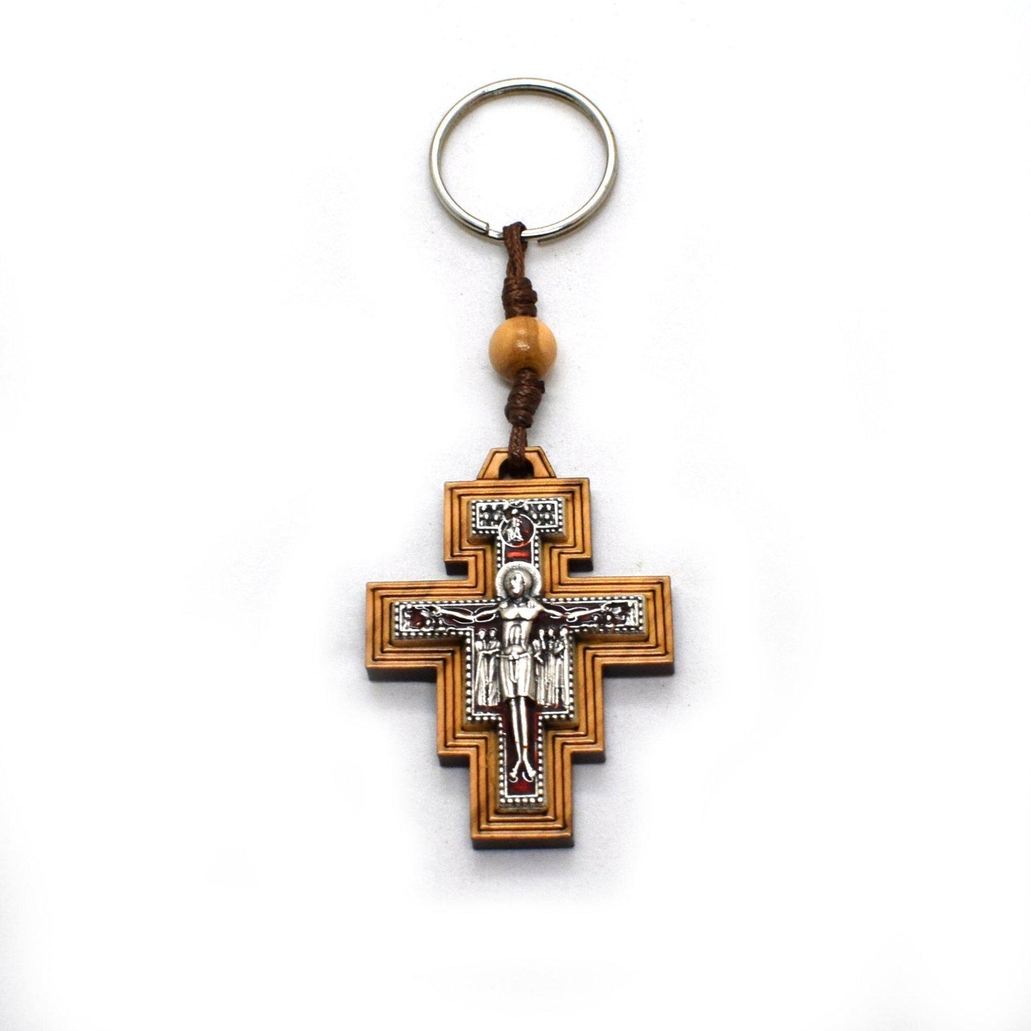 Handmade Olive Wood Keychain with Enamel St. Damian Cross – Catholic Faith Gift from Italy