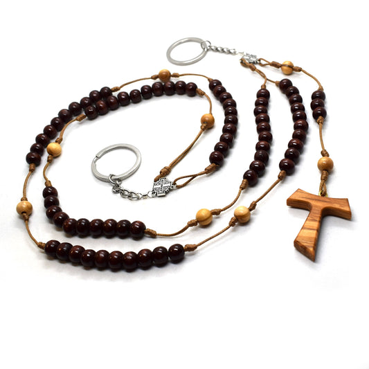 Belt Habit Rosary – Holy Land Olive Wood, Franciscan Crown, 5/7 Decades with St. Francis Tau Cross | Handmade Catholic Gift