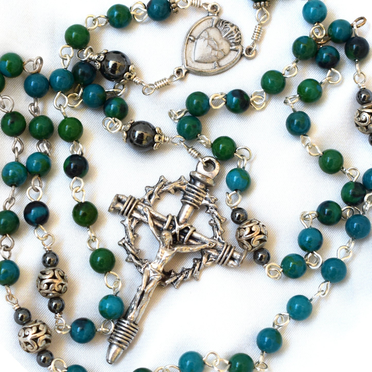 Crown of Thorns Gemstone Rosary | Blue Chrysocolla Catholic Rosary Handmade in Italy