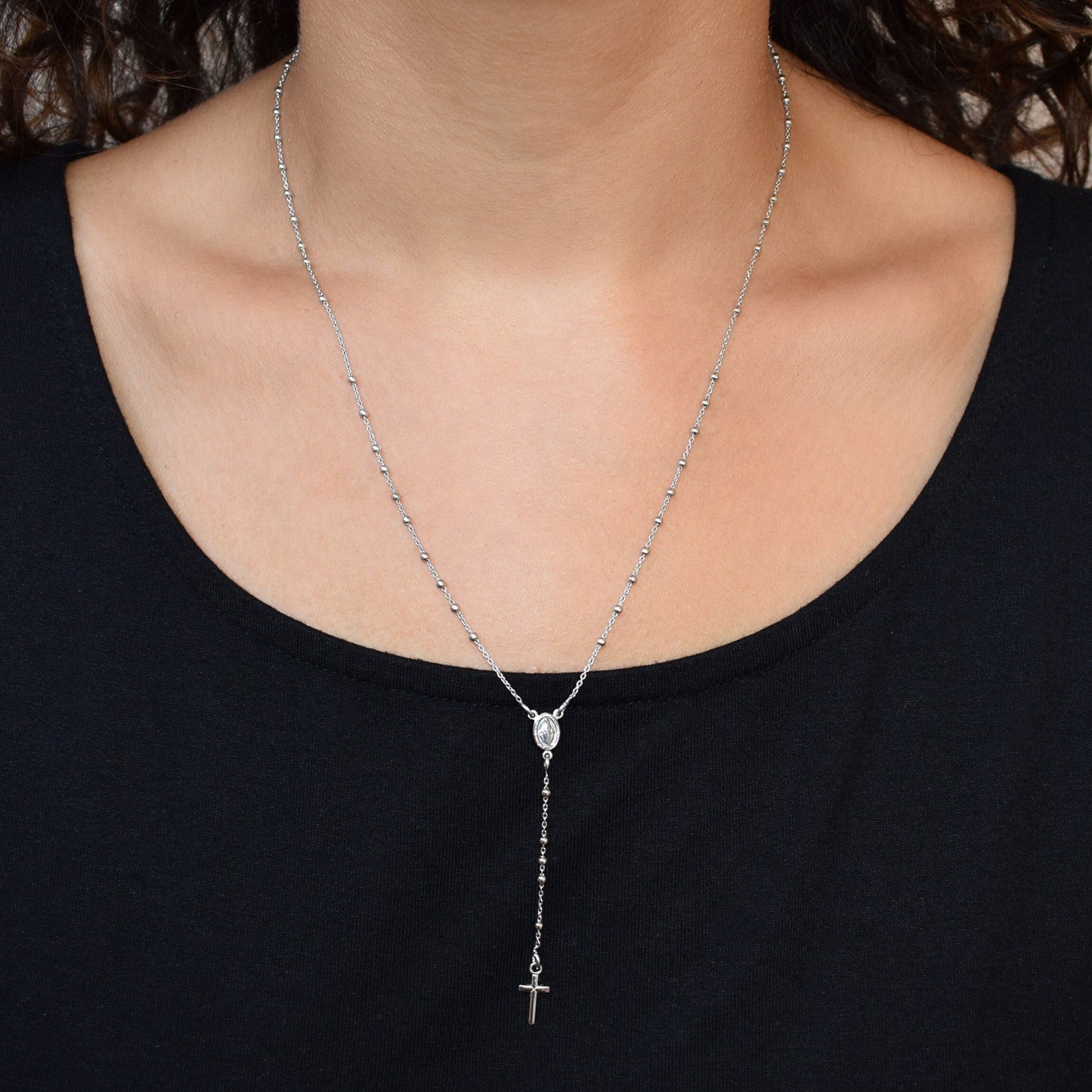 Rhodium-Plated Sterling Silver Rosary Necklace | Handmade Italian Crucifix & Miraculous Medal