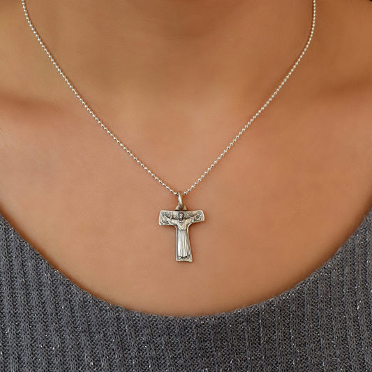 🌿 Sterling Silver Saint Francis Tau Cross Pendant – Italian Handmade Religious Jewelry